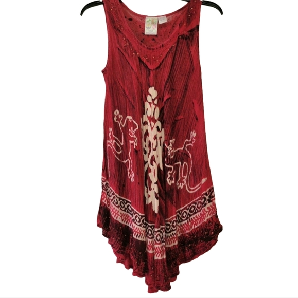 Batik Free Size Red Umbrella Dress From India with Embroidery & Sequins - Picture 1 of 13
